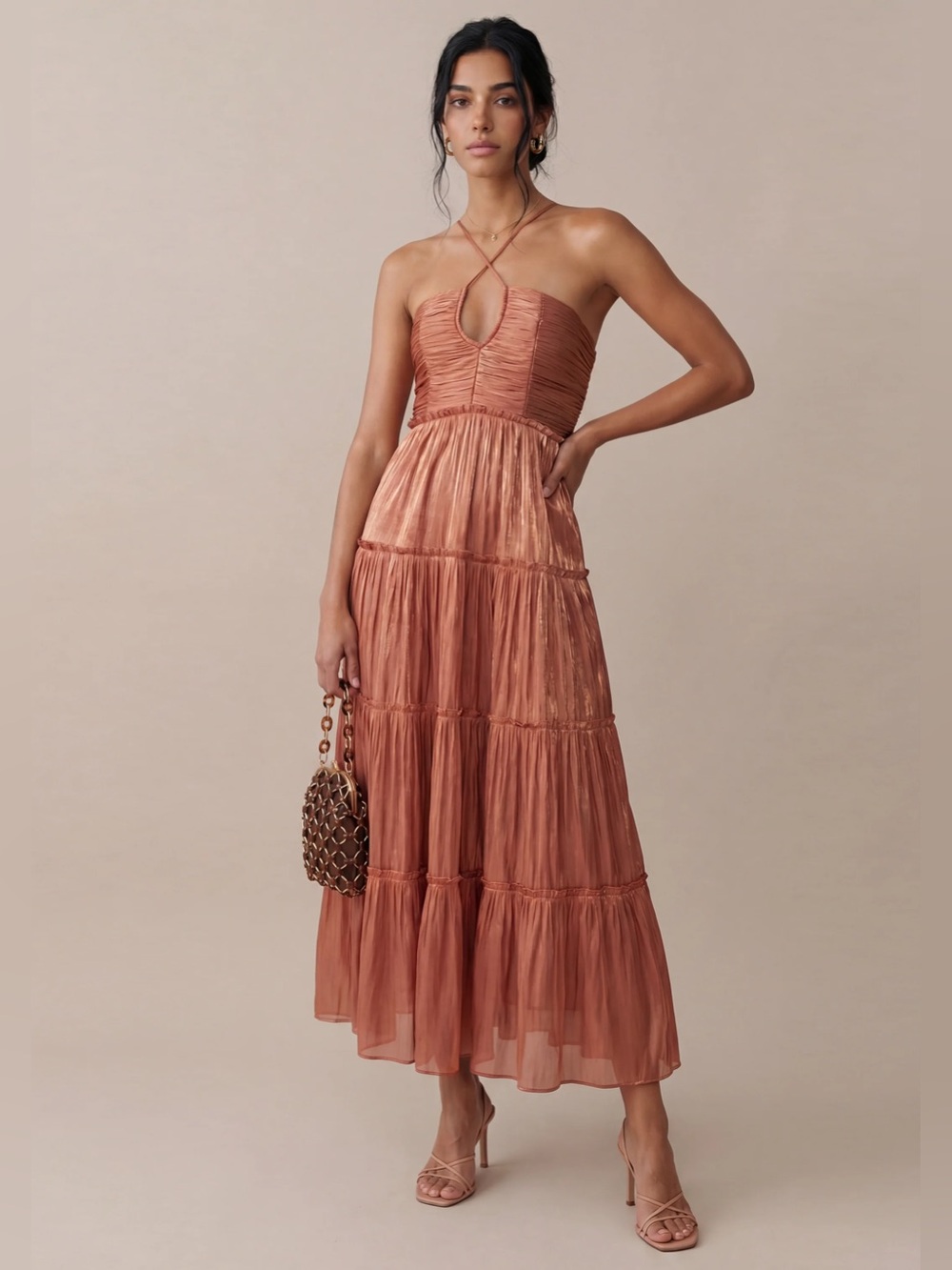 o.p.t Few Moda East Dress Cowboy Copper Shimmer Tiered Halter Maxi Dress NWT M